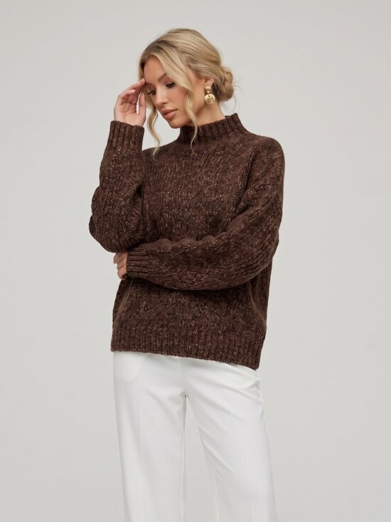 Sweaters - Women's Brown Fuzzy Knit Mock Neck Sweater Loose Long Sleeve French Chic